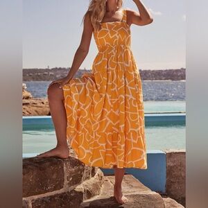 Embrace summer with this stunning orange patterned maxi dress!